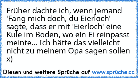 Früher dachte ich, wenn jemand 'Fang mich doch, du Eierloch' sagte, dass er mit 'Eierloch' eine Kule im Boden, wo ein Ei reinpasst meinte... Ich hätte das vielleicht nicht zu meinem Opa sagen sollen x)