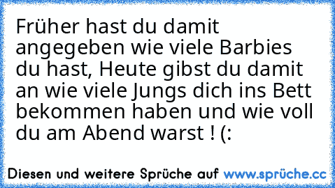 Früher hast du damit angegeben wie viele Barbies du hast, Heute gibst du damit an wie viele Jungs dich ins Bett bekommen haben und wie voll du am Abend warst ! (: