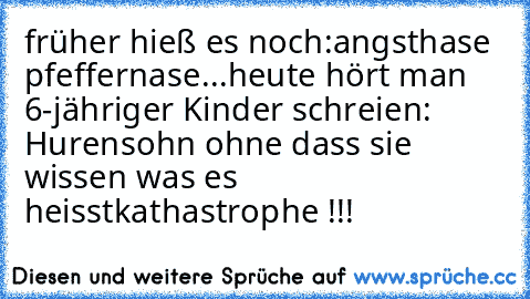 früher hieß es noch:angsthase pfeffernase...heute hört man 6-jähriger Kinder schreien: Hurensohn ohne dass sie wissen was es heisst
kathastrophe !!!