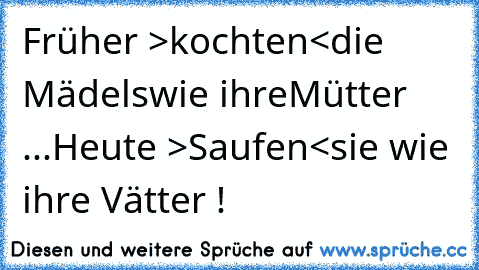 Früher >kochten<
die Mädels
wie ihre
Mütter ...
Heute >Saufen<
sie wie ihre Vätter !