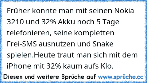 Früher konnte man mit seinen Nokia 3210 und 32% Akku noch 5 Tage telefonieren, seine kompletten Frei-SMS ausnutzen und Snake spielen.
Heute traut man sich mit dem iPhone mit 32% kaum aufs Klo.