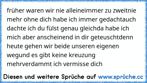 früher waren wir nie alleine
immer zu zweit
nie mehr ohne dich habe ich immer gedacht
auch dachte ich du fülst genau gleich
da habe ich mich aber anscheinend in dir geteuscht
denn heute gehen wir beide unseren eigenen weg
und es gibt keine kreuzung mehr
verdammt ich vermisse dich
