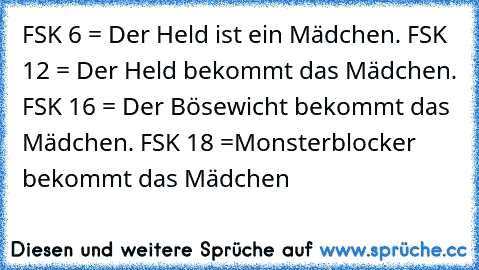 FSK 6 = Der Held ist ein Mädchen. FSK 12 = Der Held bekommt das Mädchen. FSK 16 = Der Bösewicht bekommt das Mädchen. FSK 18 =Monsterblocker bekommt das Mädchen