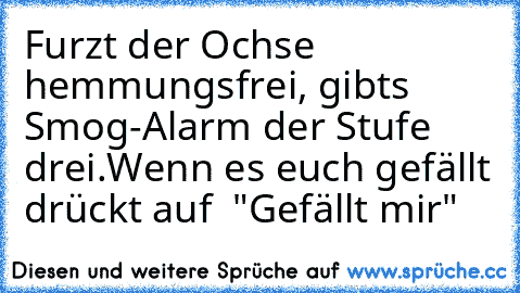 Furzt der Ochse hemmungsfrei, gibt´s Smog-Alarm der Stufe drei.
Wenn es euch gefällt drückt auf  "Gefällt mir"