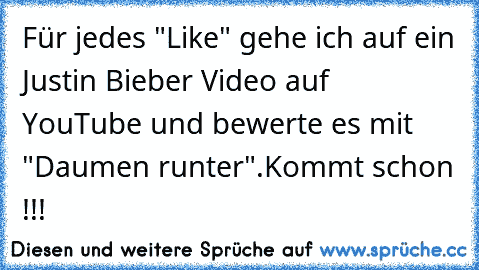 Für jedes "Like" gehe ich auf ein Justin Bieber Video auf YouTube und bewerte es mit "Daumen runter".
Kommt schon !!!