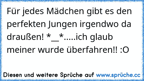 Für jedes Mädchen gibt es den perfekten Jungen irgendwo da draußen! *__*
.....ich glaub meiner wurde überfahren!! :O