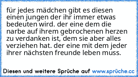 für jedes mädchen gibt es diesen einen jungen der ihr immer etwas bedeuten wird. der eine dem die narbe auf ihrem gebrochenen herzen zu verdanken ist, dem sie aber alles verziehen hat. der eine mit dem jeder ihrer nächsten freunde leben muss.