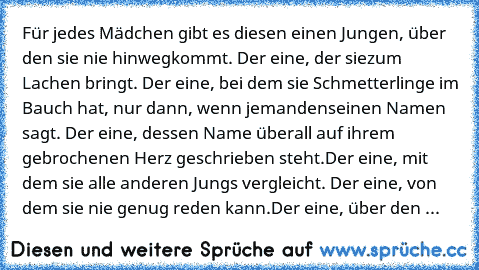 Für jedes Mädchen gibt es diesen einen Jungen, über den sie nie hinwegkommt. Der eine, der sie
zum Lachen bringt. Der eine, bei dem sie Schmetterlinge im Bauch hat, nur dann, wenn jemanden
seinen Namen sagt. Der eine, dessen Name überall auf ihrem gebrochenen Herz geschrieben steht.
Der eine, mit dem sie alle anderen Jungs vergleicht. Der eine, von dem sie nie genug reden kann.
Der eine, über d...