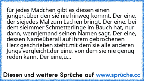 für jedes Mädchen gibt es diesen einen jungen,
über den sie nie hinweg kommt. Der eine, der sie
jedes Mal zum Lachen bringt. Der eine, bei dem sie
immer Schmetterlinge im Bauch hat, nur dann, wenn
jemand seinen Namen sagt. Der eine, dessen Name
überall auf ihrem gebrochenen Herz geschrieben steht.
mit dem sie alle anderen Jungs vergleicht.
der eine, von dem sie nie genug reden kann. Der eine,
ü...