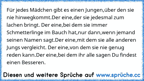 Für jedes Mädchen gibt es einen Jungen,über den sie nie hinwegkommt.Der eine,der sie jedesmal zum lachen bringt. Der eine,bei dem sie immer Schmetterlinge im Bauch hat,nur dann,wenn jemand seinen Namen sagt.Der eine,mit dem sie alle anderen Jungs vergleicht. Der eine,von dem sie nie genug reden kann.Der eine,bei dem ihr alle sagen Du findest einen Besseren.