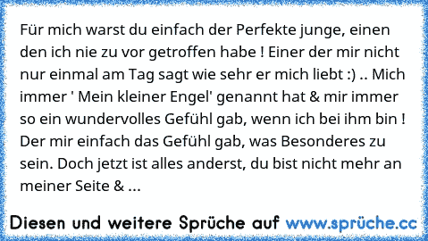 Für mich warst du einfach der Perfekte junge, einen den ich nie zu vor getroffen habe ! Einer der mir nicht nur einmal am Tag sagt wie sehr er mich liebt :) .. Mich immer ' Mein kleiner Engel' genannt hat & mir immer so ein wundervolles Gefühl gab, wenn ich bei ihm bin ! ♥ Der mir einfach das Gefühl gab, was Besonderes zu sein. Doch jetzt ist alles anderst, du bist nicht mehr an meiner Seite & ...