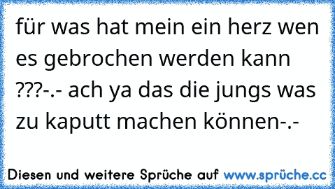 für was hat mein ein herz wen es gebrochen werden kann ???-.- ach ya das die jungs was zu kaputt machen können-.-