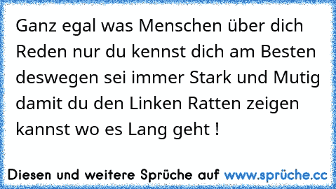 Ganz egal was Menschen über dich Reden nur du kennst dich am Besten deswegen sei immer Stark und Mutig damit du den Linken Ratten zeigen kannst wo es Lang geht !