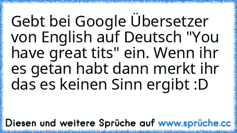 Gebt bei Google Übersetzer von English auf Deutsch "You have great tits" ein. Wenn ihr es getan habt dann merkt ihr das es keinen Sinn ergibt :D