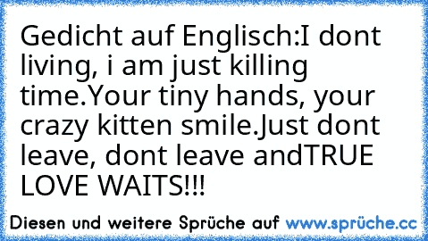 Gedicht auf Englisch:
I don´t living, i am just killing time.
Your tiny hands, your crazy kitten smile.
Just don´t leave, don´t leave and
TRUE LOVE WAITS!!!