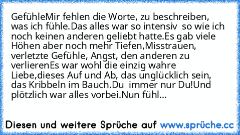 Gefühle
Mir fehlen die Worte, zu beschreiben, was ich fühle.
Das alles war so intensiv – so wie ich noch keinen anderen geliebt hatte.
Es gab viele Höhen aber noch mehr Tiefen,
Misstrauen, verletzte Gefühle, Angst, den anderen zu verlieren…
Es war wohl die einzig wahre Liebe,
dieses Auf und Ab, das unglücklich sein, das Kribbeln im Bauch.
Du – immer nur Du!
Und plötzlich war alles vorbei.
Nun f...