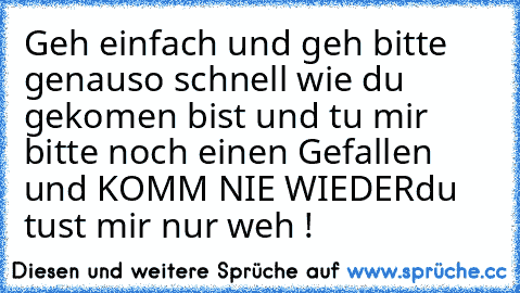 Geh einfach und geh bitte genauso schnell wie du gekomen bist und tu mir bitte noch einen Gefallen und KOMM NIE WIEDER
du tust mir nur weh !