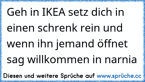 Geh in IKEA setz dich in einen schrenk rein und wenn ihn jemand öffnet sag willkommen in narnia