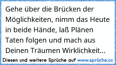 Gehe über die Brücken der Möglichkeiten, nimm das Heute in beide Hände, laß Plänen Taten folgen und mach aus Deinen Träumen Wirklichkeit...