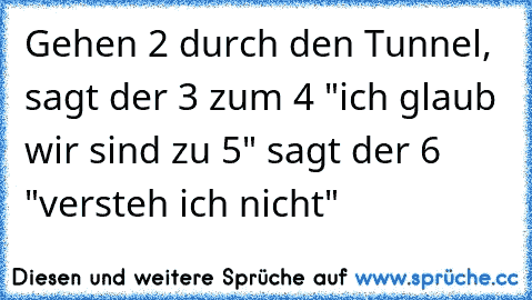 Gehen 2 durch den Tunnel, sagt der 3 zum 4 "ich glaub wir sind zu 5" sagt der 6 "versteh ich nicht"