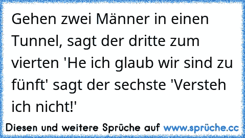 Gehen zwei Männer in einen Tunnel, sagt der dritte zum vierten 'He ich glaub wir sind zu fünft' sagt der sechste 'Versteh ich nicht!'