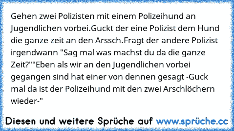 Gehen zwei Polizisten mit einem Polizeihund an Jugendlichen vorbei.
Guckt der eine Polizist dem Hund die ganze zeit an den Arssch.
Fragt der andere Polizist irgendwann "Sag mal was machst du da die ganze Zeit?"
"Eben als wir an den Jugendlichen vorbei gegangen sind hat einer von dennen gesagt -Guck mal da ist der Polizeihund mit den zwei Arschlöchern wieder-"