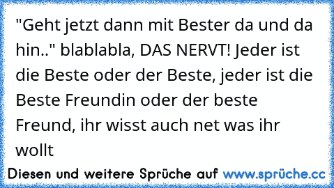 "Geht jetzt dann mit Bester da und da hin.." blablabla, DAS NERVT! Jeder ist die Beste oder der Beste, jeder ist die Beste Freundin oder der beste Freund, ihr wisst auch net was ihr wollt