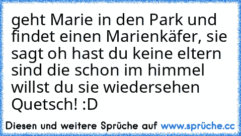 geht Marie in den Park und findet einen Marienkäfer, sie sagt oh hast du keine eltern sind die schon im himmel willst du sie wiedersehen ´´Quetsch´´! :D