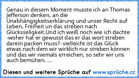 Genau in diesem Moment musste ich an Thomas Jefferson denken, an die Unabhängigkeitserklärung und unser Recht auf Leben, Freiheit un das streben nach Glücksseligkeit.Und ich weiß noch wie ich dachte -woher hat er gewusst das er das wort streben darein packen muss?- vielleicht ist das Glück etwas nach dem wir wirklich nur streben können und das wir niemals erreichen, so sehr wir uns auch bemühen...