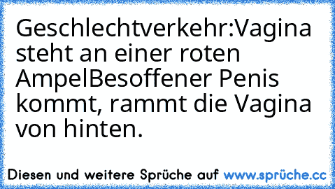 Geschlechtverkehr:
Vagina steht an einer roten Ampel
Besoffener Penis kommt, rammt die Vagina von hinten.