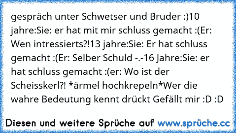 gespräch unter Schwetser und Bruder :)
10 jahre:
Sie: er hat mit mir schluss gemacht :(
Er: Wen intressierts?!
13 jahre:
Sie: Er hat schluss gemacht :(
Er: Selber Schuld -.-
16 Jahre:
Sie: er hat schluss gemacht :(
er: Wo ist der Scheisskerl?! *ärmel hochkrepeln*
Wer die wahre Bedeutung kennt drückt Gefällt mir :D :D