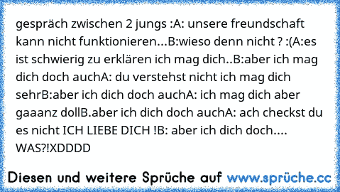 gespräch zwischen 2 jungs :
A: unsere freundschaft kann nicht funktionieren...
B:wieso denn nicht ? :(
A:es ist schwierig zu erklären ich mag dich..
B:aber ich mag dich doch auch
A: du verstehst nicht ich mag dich sehr
B:aber ich dich doch auch
A: ich mag dich aber gaaanz doll
B.aber ich dich doch auch
A: ach checkst du es nicht ICH LIEBE DICH !
B: aber ich dich doch....  WAS?!
XDDDD