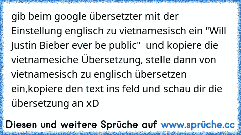 gib beim google übersetzter mit der Einstellung englisch zu vietnamesisch ein "Will Justin Bieber ever be public"  und kopiere die vietnamesiche Übersetzung, stelle dann von vietnamesisch zu englisch übersetzen ein,kopiere den text ins feld und schau dir die übersetzung an xD