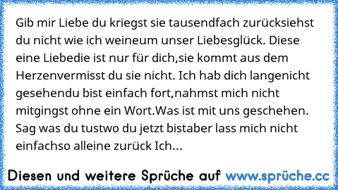 Gib mir Liebe du kriegst sie tausendfach zurück
siehst du nicht wie ich weine
um unser Liebesglück. 
Diese eine Liebe
die ist nur für dich,
sie kommt aus dem Herzen
vermisst du sie nicht. 
Ich hab dich lange
nicht gesehen
du bist einfach fort,
nahmst mich nicht mit
gingst ohne ein Wort.
Was ist mit uns geschehen. 
Sag was du tust
wo du jetzt bist
aber lass mich nicht einfach
so alleine zurück 
...