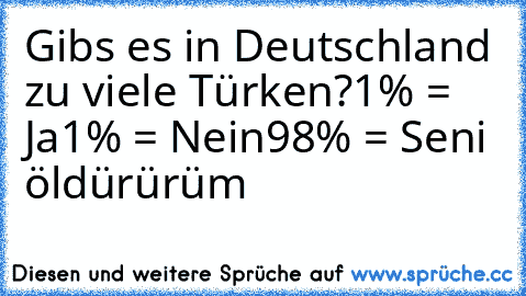 Gibs es in Deutschland zu viele Türken?
1% = Ja
1% = Nein
98% = Seni öldürürüm