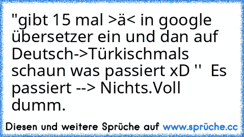 "gibt 15 mal >ä< in google übersetzer ein und dan auf Deutsch->Türkisch
mals schaun was passiert xD ''
  Es passiert --> Nichts.Voll dumm.