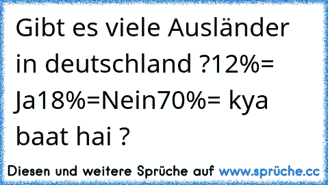 Gibt es viele Ausländer in deutschland ?
12%= Ja
18%=Nein
70%= kya baat hai ?