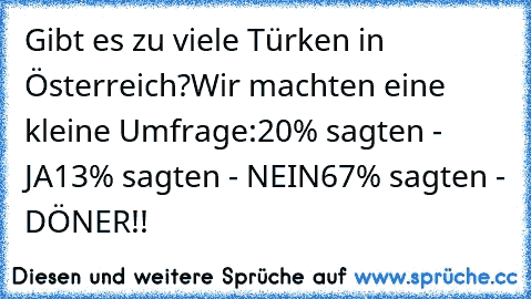 Gibt es zu viele Türken in Österreich?
Wir machten eine kleine Umfrage:
20% sagten - JA
13% sagten - NEIN
67% sagten - DÖNER!!