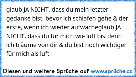 glaub JA NICHT, dass du mein letzter gedanke bist, bevor ich schlafen gehe & der erste, wenn ich wieder aufwache
glaub JA NICHT, dass du für mich wie luft bist
denn ich träume von dir & du bist noch wichtiger für mich als luft ♥