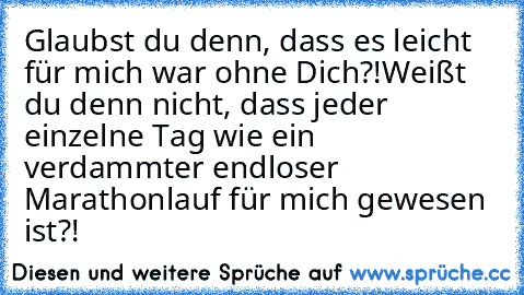 Glaubst du denn, dass es leicht für mich war ohne Dich?!Weißt du denn nicht, dass jeder einzelne Tag wie ein verdammter endloser Marathonlauf für mich gewesen ist?!