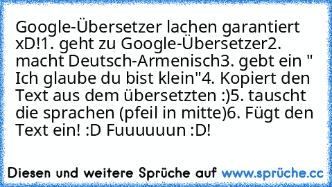 Google-Übersetzer lachen garantiert xD!
1. geht zu Google-Übersetzer
2. macht Deutsch-Armenisch
3. gebt ein " Ich glaube du bist klein"
4. Kopiert den Text aus dem übersetzten :)
5. tauscht die sprachen (pfeil in mitte)
6. Fügt den Text ein! :D 
Fuuuuuun :D!