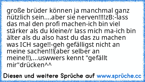 große brüder können ja manchmal ganz nützlich sein....aber sie nerven!!!!
zB:
-lass das mal den profi machen
-ich bin viel stärker als du kleine/r lass mich ma
-ich bin älter als du also hast du das zu machen was ICH sage!!
-geh gefälligst nicht an meine sachen!!!(aber selber an meine!!),...usw
wers kennt "gefällt mir"drücken^^