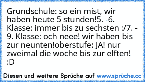 Grundschule: so ein mist, wir haben heute 5 stunden!
5. -6. Klasse: immer bis zu sechsten :/
7. - 9. Klasse: och neee! wir haben bis zur neunten!
oberstufe: JA! nur zweimal die woche bis zur elften! :D