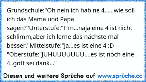 Grundschule:"Oh nein ich hab ne 4......wie soll ich das Mama und Papa sagen?"
Unterstufe:"Hm...naja eine 4 ist nicht schlimm,aber ich lerne das nächste mal besser."
Mittelstufe:"Ja...es ist eine 4 :D "
Oberstufe:"JUHUUUUUUU....es ist noch eine 4..gott sei dank..."