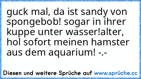 guck mal, da ist sandy von spongebob! sogar in ihrer kuppe unter wasser!
alter, hol sofort meinen hamster aus dem aquarium! -.-