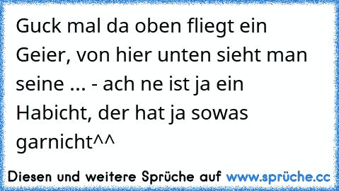 Guck mal da oben fliegt ein Geier, von hier unten sieht man seine ... - ach ne ist ja ein Habicht, der hat ja sowas garnicht
^^