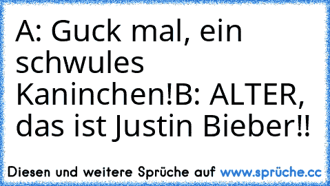 A: Guck mal, ein schwules Kaninchen!
B: ALTER, das ist Justin Bieber!!