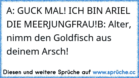 A: GUCK MAL! ICH BIN ARIEL DIE MEERJUNGFRAU!
B: Alter, nimm den Goldfisch aus deinem Arsch!