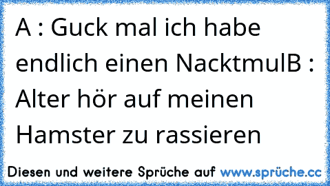 A : Guck mal ich habe endlich einen Nacktmul
B : Alter hör auf meinen Hamster zu rassieren