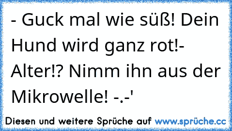 - Guck mal wie süß! Dein Hund wird ganz rot!
- Alter!? Nimm ihn aus der Mikrowelle! -.-'